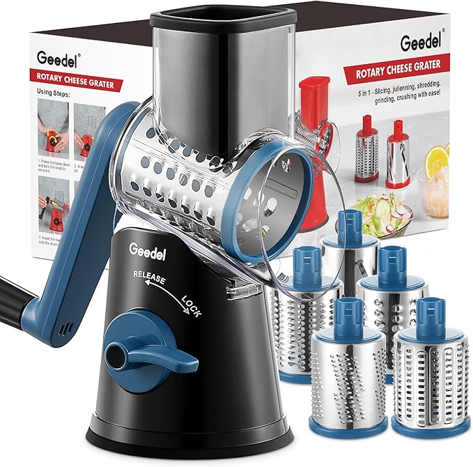 Geedel Rotary Cheese Grater Cheese Shredder - Upgraded 5-in-1 Cheese Grater with Handle and Strong Suction Base, Multi-purpose Vegetable Slicer Ice Shaver Nuts Grinder for Ice, Vegetables, Fruit, Nuts