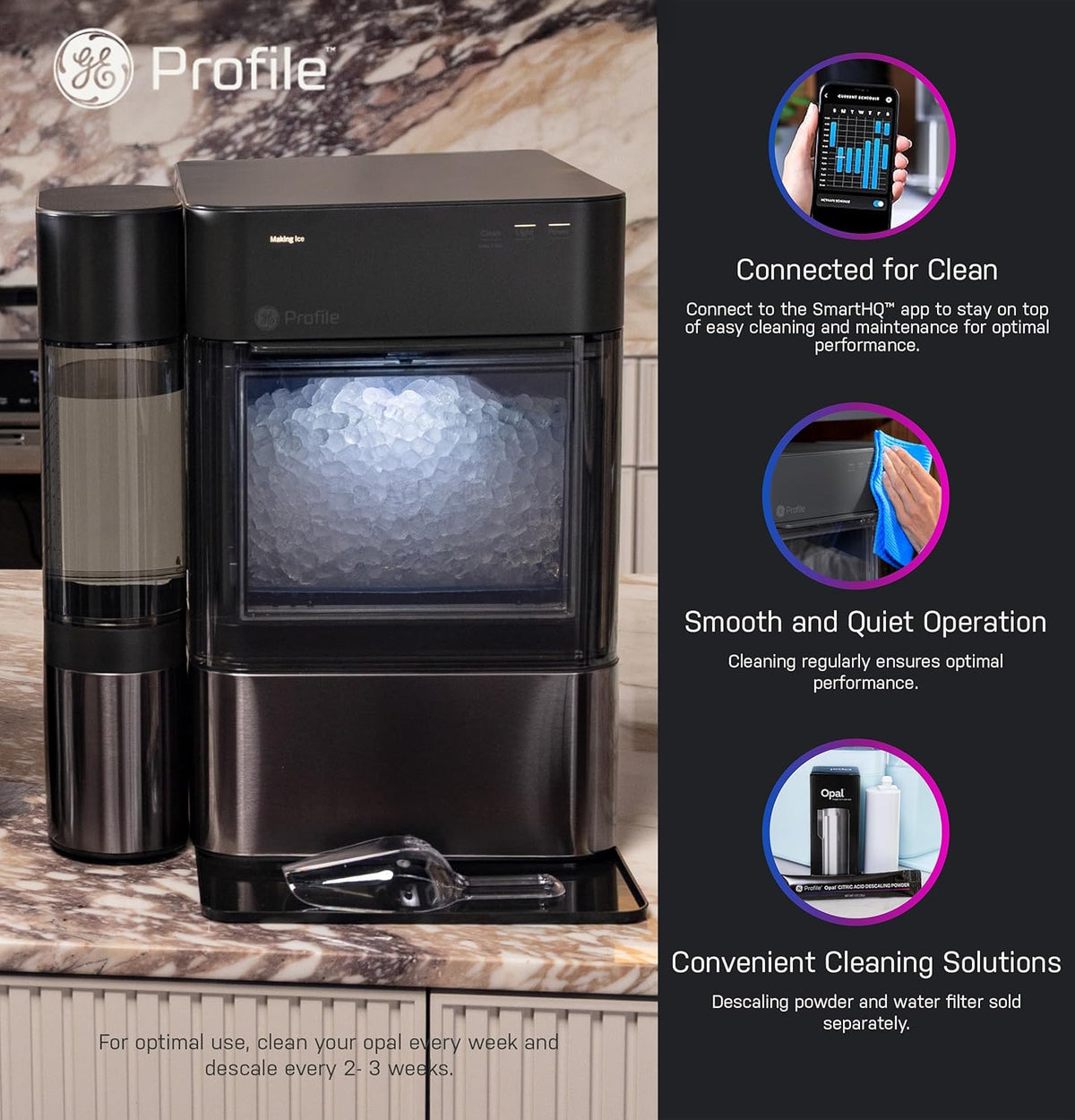 GE Profile Opal 2.0 XL with 1 Gallon Tank, Chewable Crunchable Countertop Nugget Ice Maker, Scoop Included, 38 lbs in 24 Hours, Pellet Ice Machine with WiFi & Smart Connected, Black Stainless