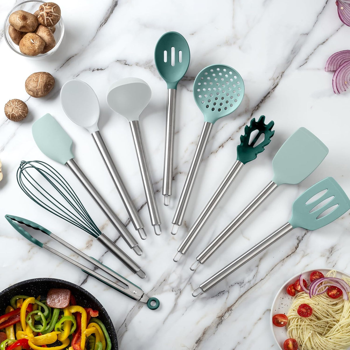 COOK WITH COLOR Silicone Cooking Utensils, Kitchen Utensil Set, Easy to Clean Silicone Kitchen Utensils, Cooking Utensils for Nonstick Cookware, Kitchen Gadgets Set, 10 Pieces, Teal