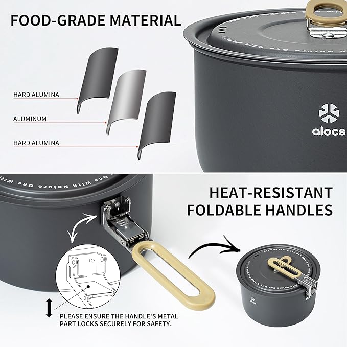 Alocs Camping Cookware, Portable Non-Stick Camping Pan Set with Enhanced Handle, Ideal for Outdoor Kitchen, Picnic, Hiking and Fishing