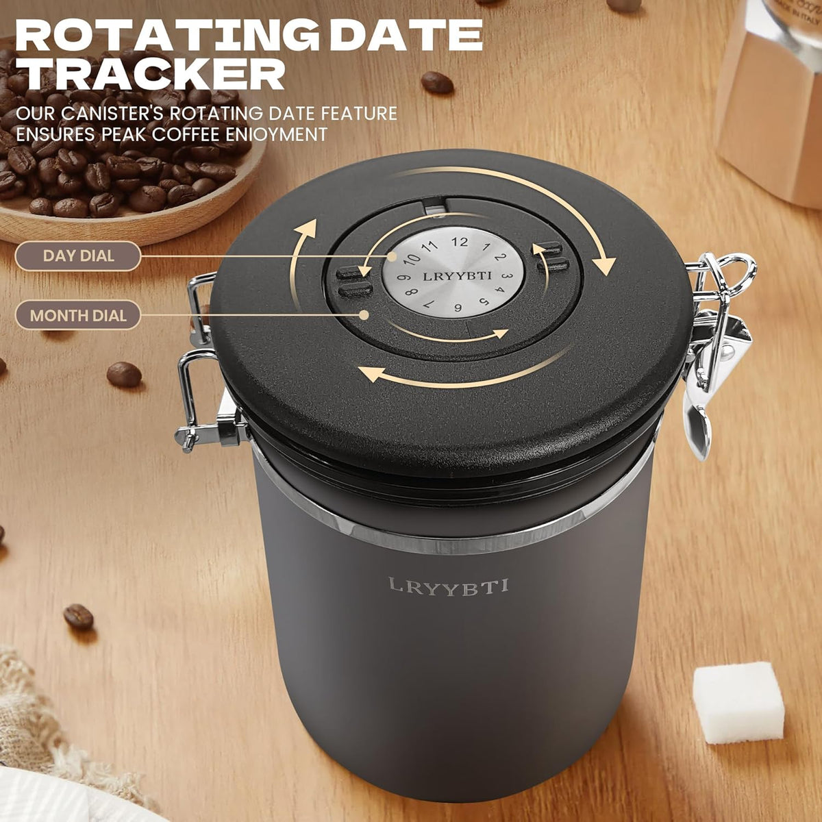 38oz Airtight Coffee Canister,Stainless Steel Coffee Bean Storage Container with Scoop Date Tracker & CO2 Release Valve for Beans, Grounds and more- Gray