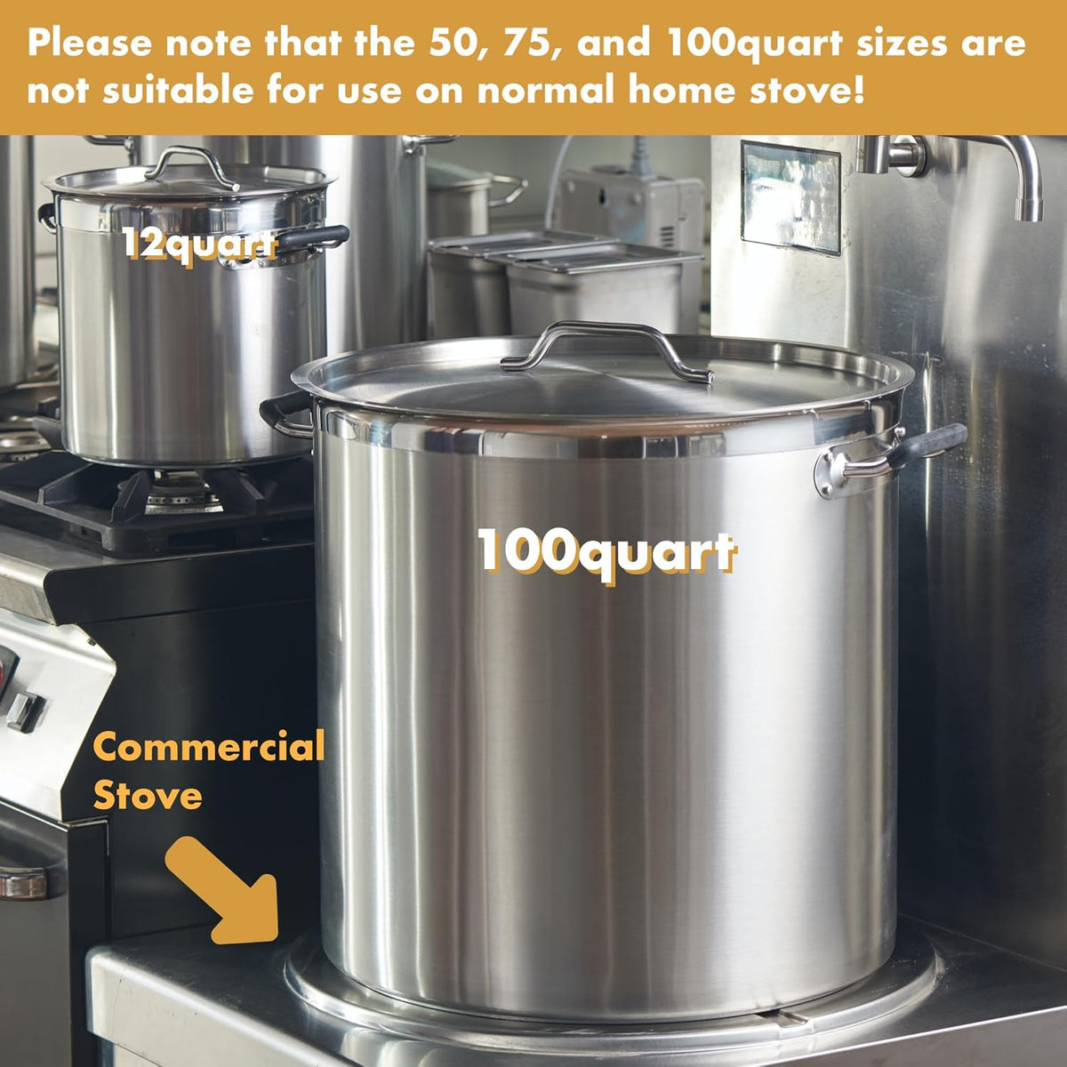 CURTA 100 Quart Large Stock Pot with Lid, NSF Listed, 3-Ply Clad Base, 18/8 Stainless Steel Cooking Pot, Commercial Cookware, Induction Ready, 19.7"D x 20.6"W x 19.7"H