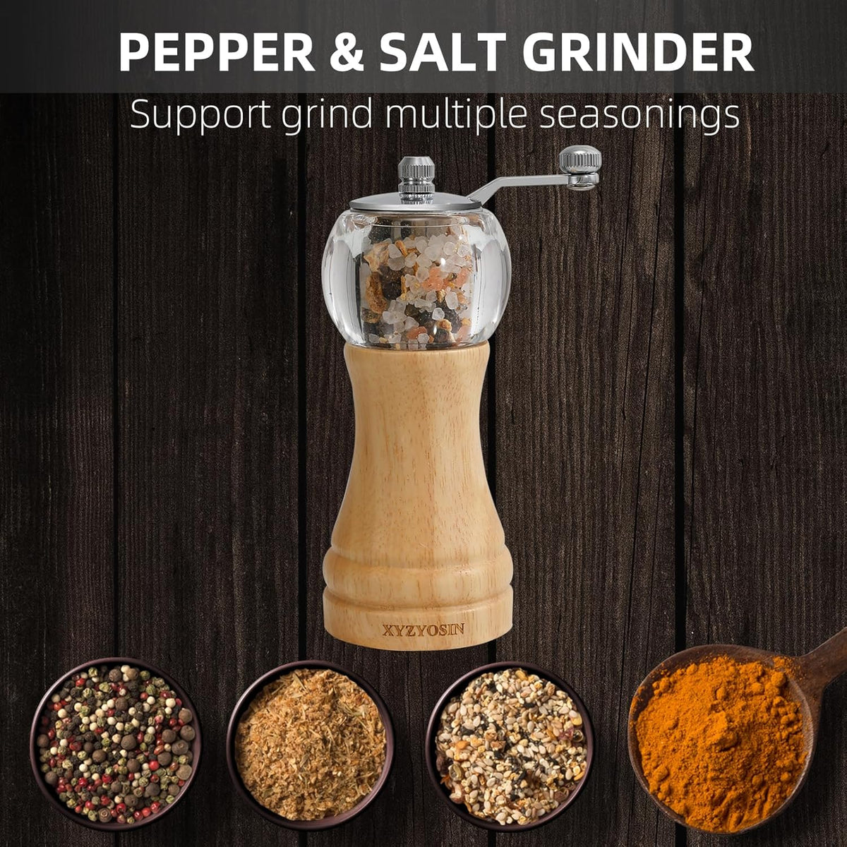Classical Hand Shake Rubber Wood Salt or Pepper Grinder Set Refillable Salt Grinder Pepper Mill with Adjustable Coarseness Acrylic Body For Kitchen 1 Pack