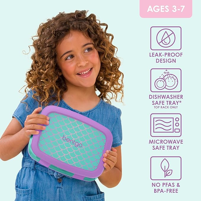 Bentgo Kids Prints Leak-Proof, 5-Compartment Bento-Style Kids Lunch Box - Ideal Portion Sizes for Ages 3-7, Durable, Drop-Proof, Dishwasher Safe, & PFAS & BPA-Free Materials (Mermaid Scales)