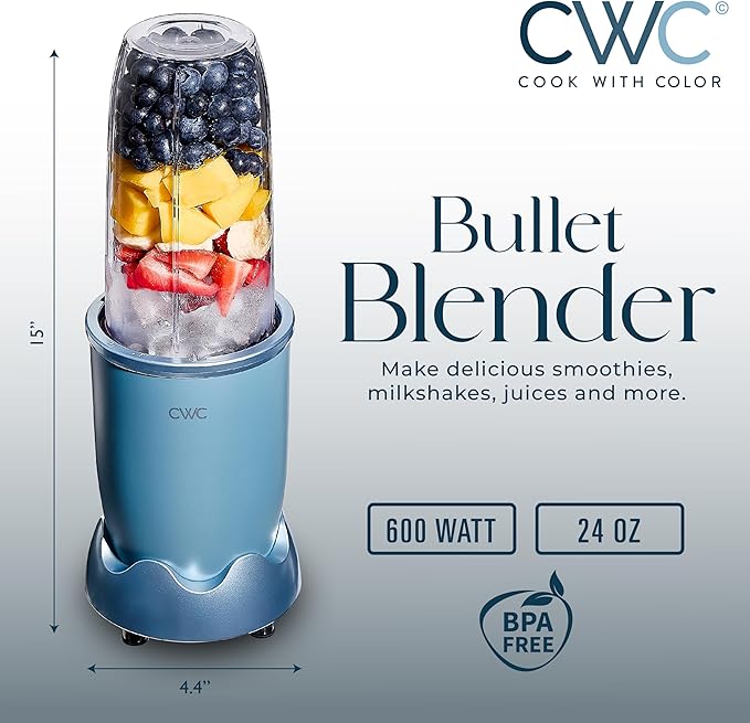 COOK WITH COLOR Personal Power Blender 600W, 24oz Capacity, BPA-Free Jar, Ice-Crushing Blades, Ideal for Smoothies & More, Anti-Slip Feet, Easy to Clean, Slate Blue