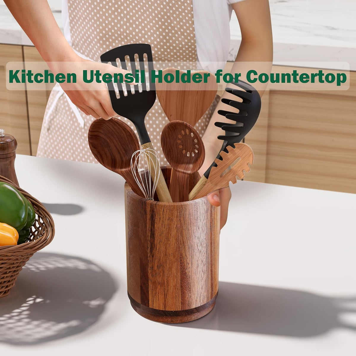 Utensil Holder, Acacia Wood Kitchen Utensil Holder for Countertop, 360°Rotating Cooking Utensil Crock for Kitchen Counter, 7.2" Large Utensil Organizer for Spatula