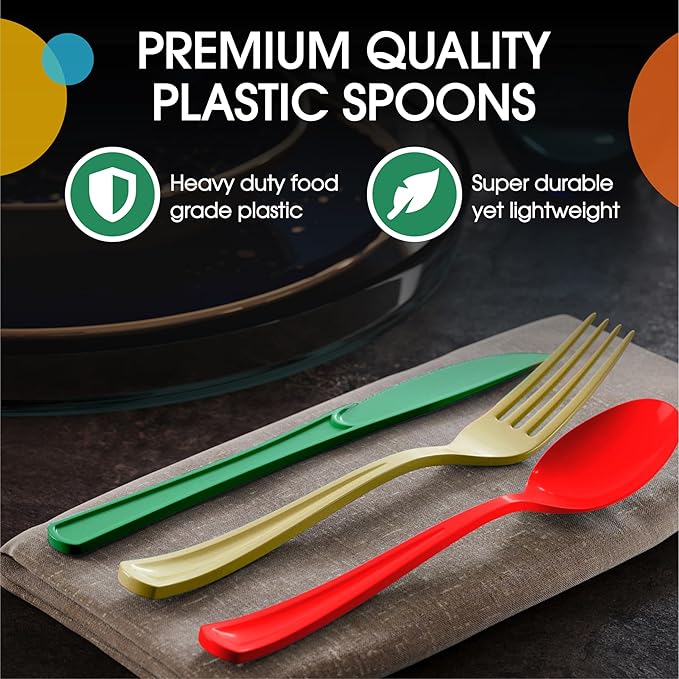Party Solids Christmas Plastic Silverware Heavy Duty 150 Pieces Christmas Plastic Cutlery Sets, Utensil Sets, 50 Of Each Forks, Knives & Spoons Disposable Cutlery Set, Flatware Set For Party Supplies