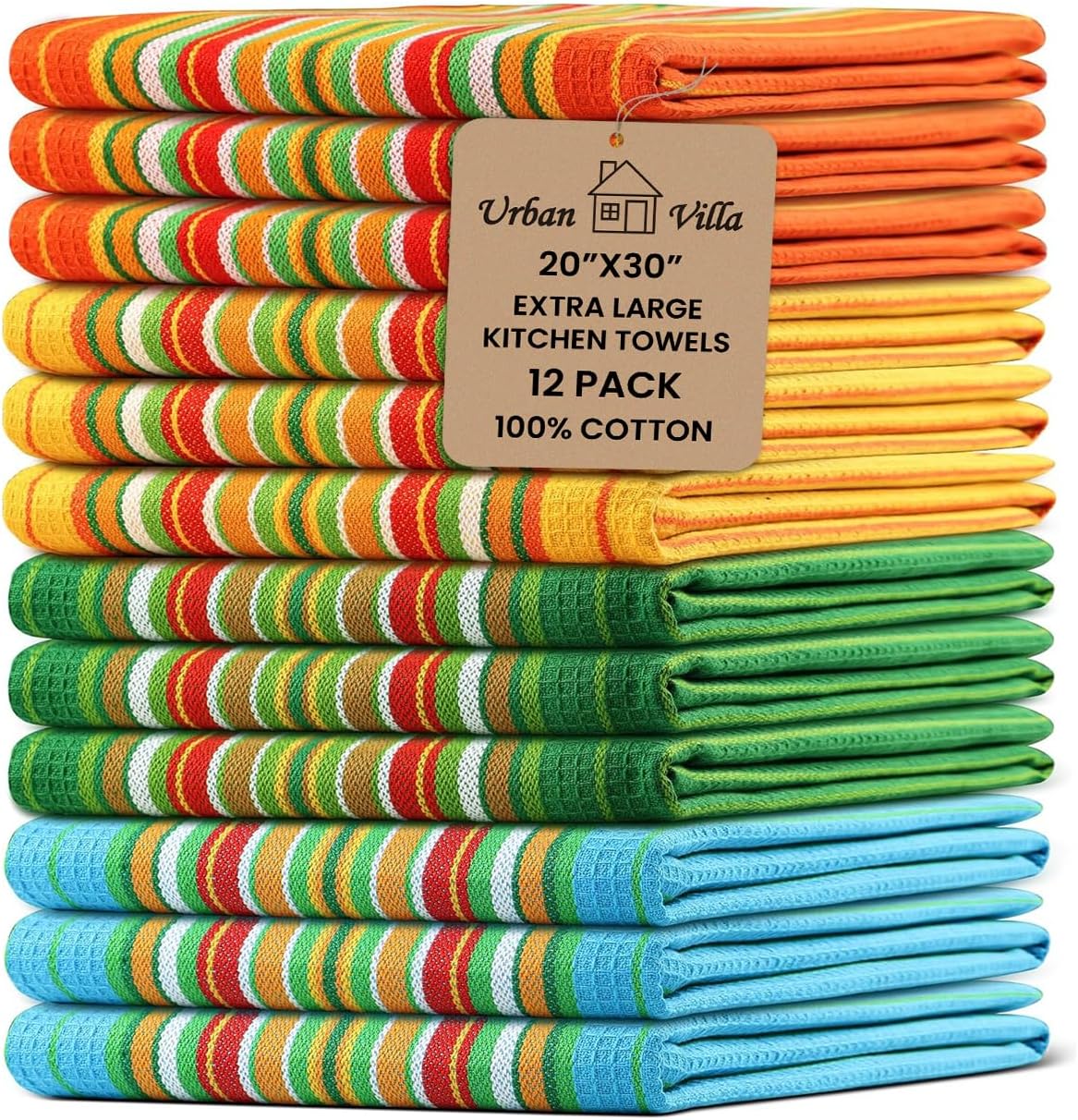 Urban Villa Salsa Stripe Kitchen Towels 100% Cotton Dish Towels for Kitchen Multi Color Highly Absorbent Multi-Purpose Waffle Dish Cloths for Cleaning Soft Hand Bar Towels 20x30 Inches (Set of 12)