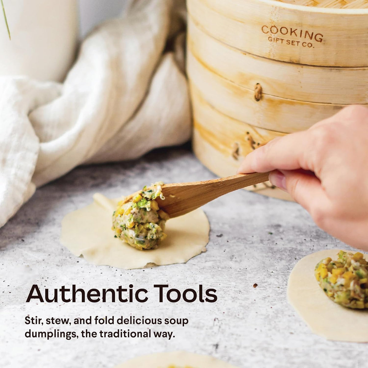 Cooking Gift Set Co. Bamboo Steamer Basket Soup Dumpling Kit - 2 Tier 8-Inch Dumpling Steamer for Cooking with Agar Agar, Roller, Spoon, Liners, Recipes & Step-by-Step Video (6-Piece Set)
