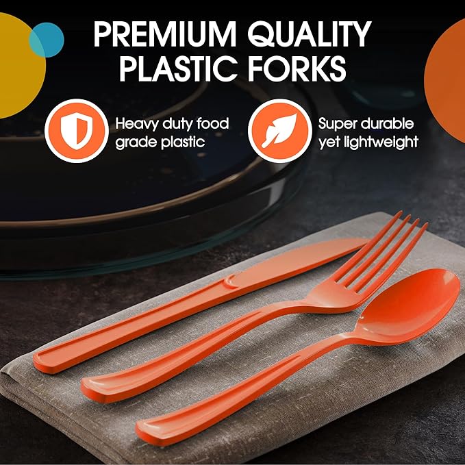 Party Solids Orange Plastic Silverware Heavy Duty 150 Pieces Orange Plastic Cutlery Sets, Utensil Sets, 50 Of Each Forks, Knives & Spoons Disposable Cutlery Set, Flatware Set For Party Supplies