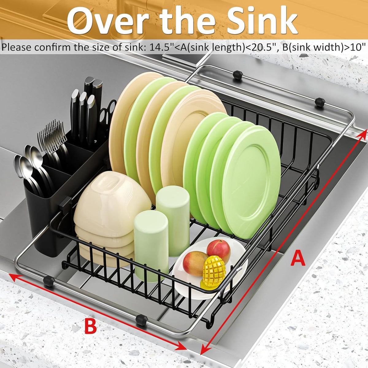 Expandable in Sink Dish Drying Rack,Small Dish Rack Over Sink with Utensil Holder,Stainless Steel Dish Drainers for Kitchen Counter,Sink Drying Rack for Small Space,14.5“-20.5” L x 10“ W x 3.5” H