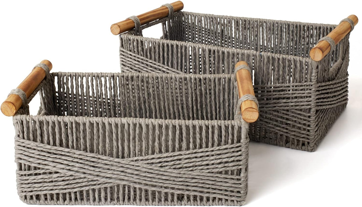 LA JOLIE MUSE Wicker Storage Baskets for Organizing, Recyclable Paper Rope Basket with Wood Handles, Decorative Hand Woven Basket Organizers for Makeup Books Shelves Living Room, Grey, Set of 2