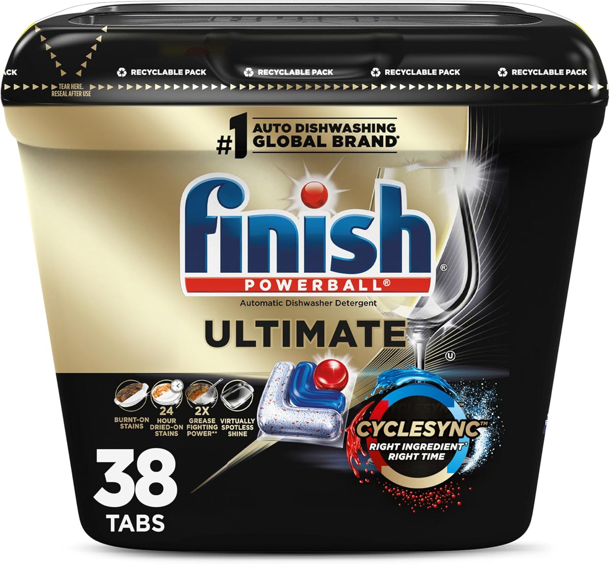 Finish Ultimate Dishwasher Pods, No Pre-Rinse Dishwasher Detergent Soap Removes Burnt-On Stain, with CycleSync Technology, Degreasing & Scrubbing Power, 38 Count