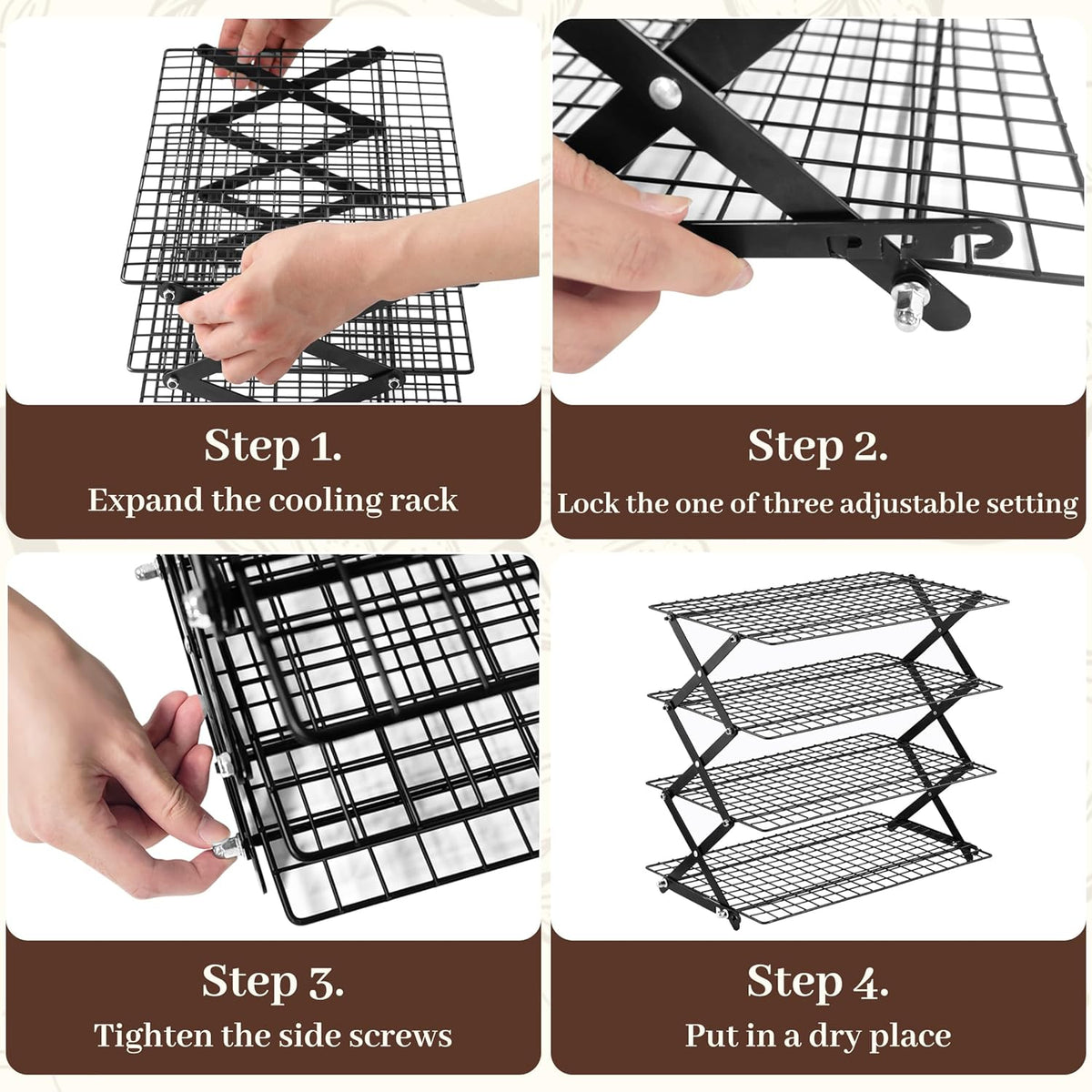 Pleafind 4 Tier Collapsible Cooling Rack - 3 Setting Design, Adjustable ＆ Stackable Baking Rack, 5 Modes Cooling Racks for Cooking and Baking, Roasting ＆ Grilling Gifts for Picnic Party