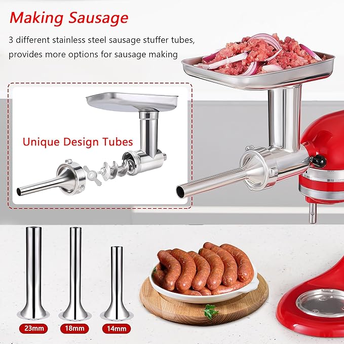 KINGEAGLE Food Grinder Attachment for KitchenAid Mixers,Stainless Steel Dishwasher Safe Meat Mincer Accessories Set Included 3 Sausage Stuffer Tubes