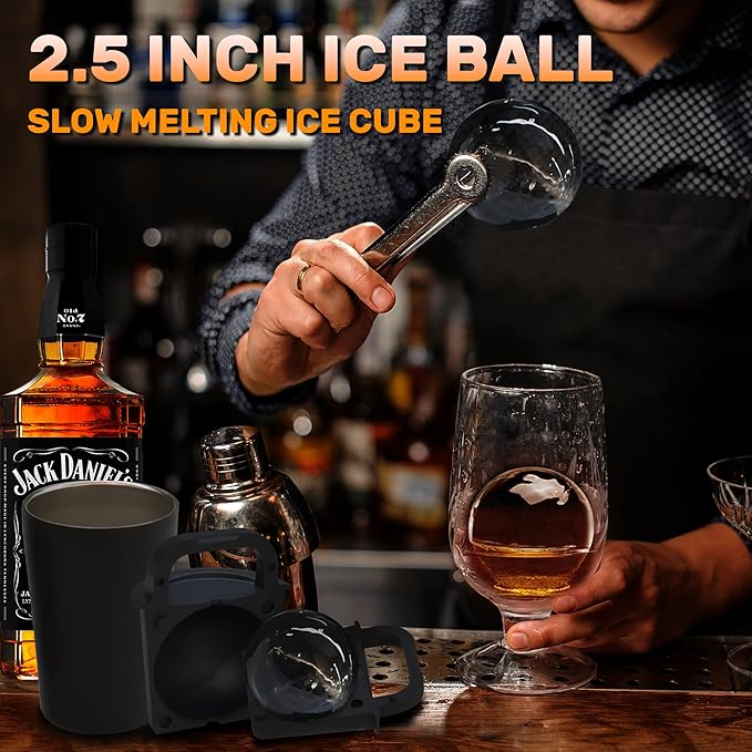 Clear Ice Cube Maker Tray – 2.5 Inch Large Round Ice Ball Mold, Stainless Steel & Silicone, Slow Melting Transparent Ice for Whiskey, Cocktails, and Home Bar Use (Black-2 Pack)
