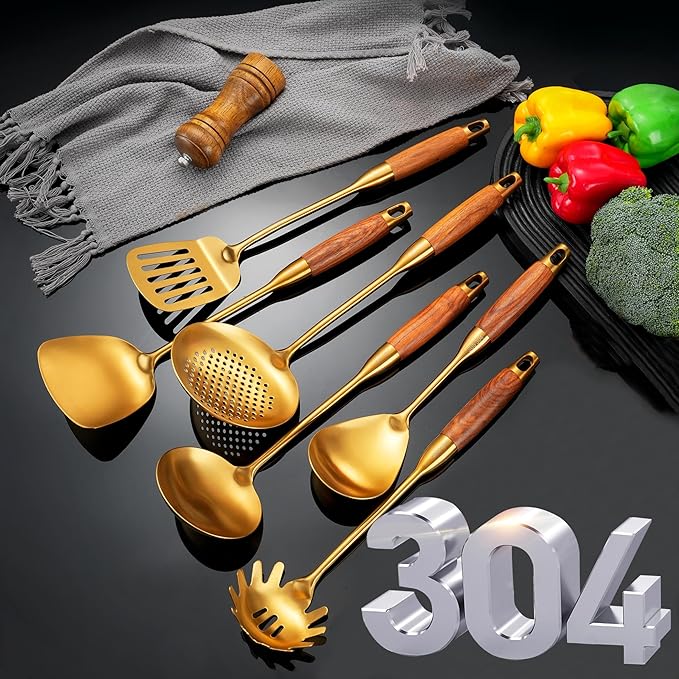 Gold Kitchen Utensils Set with Wooden Handle, 6 PCS Professional Cooking Utensils Set, Wok Spatula, Ladle, Skimmer, Slotted Spatula Turner, Spaghetti Spoon, Large Spoon