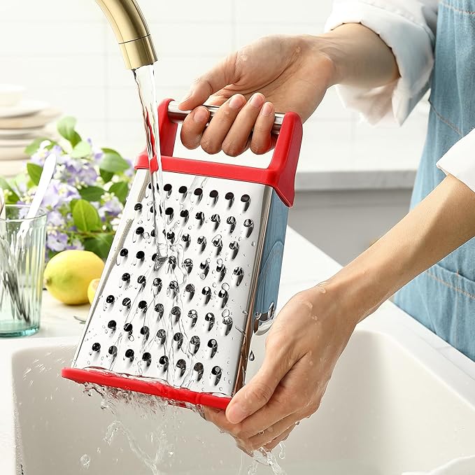 Spring Chef Professional Cheese Grater - Stainless Steel 4 Sided Box Grater for Kitchen, XL Size - Perfect Shredder for Parmesan Cheese, Carrot, Potato, Ginger - Dishwasher Safe - Red