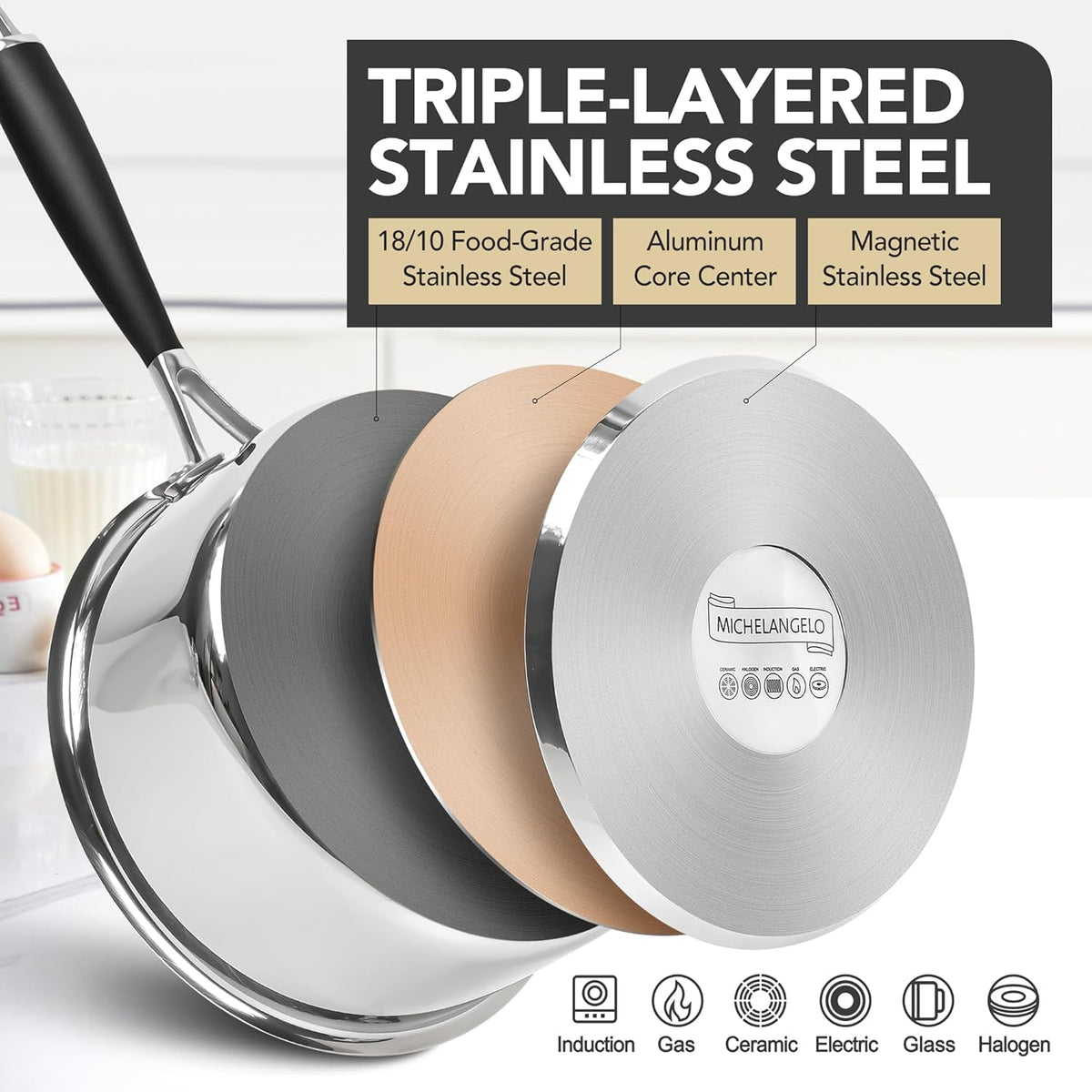 MICHELANGELO Triply Stainless Steel Saucepan with Lid 6 Pcs, Stainless Steel Sauce Pan with Bakelite Handle, Multipurpose Saucepans Set for Kitchen Cooking, Induction Compatible - 1QT & 2QT & 3QT