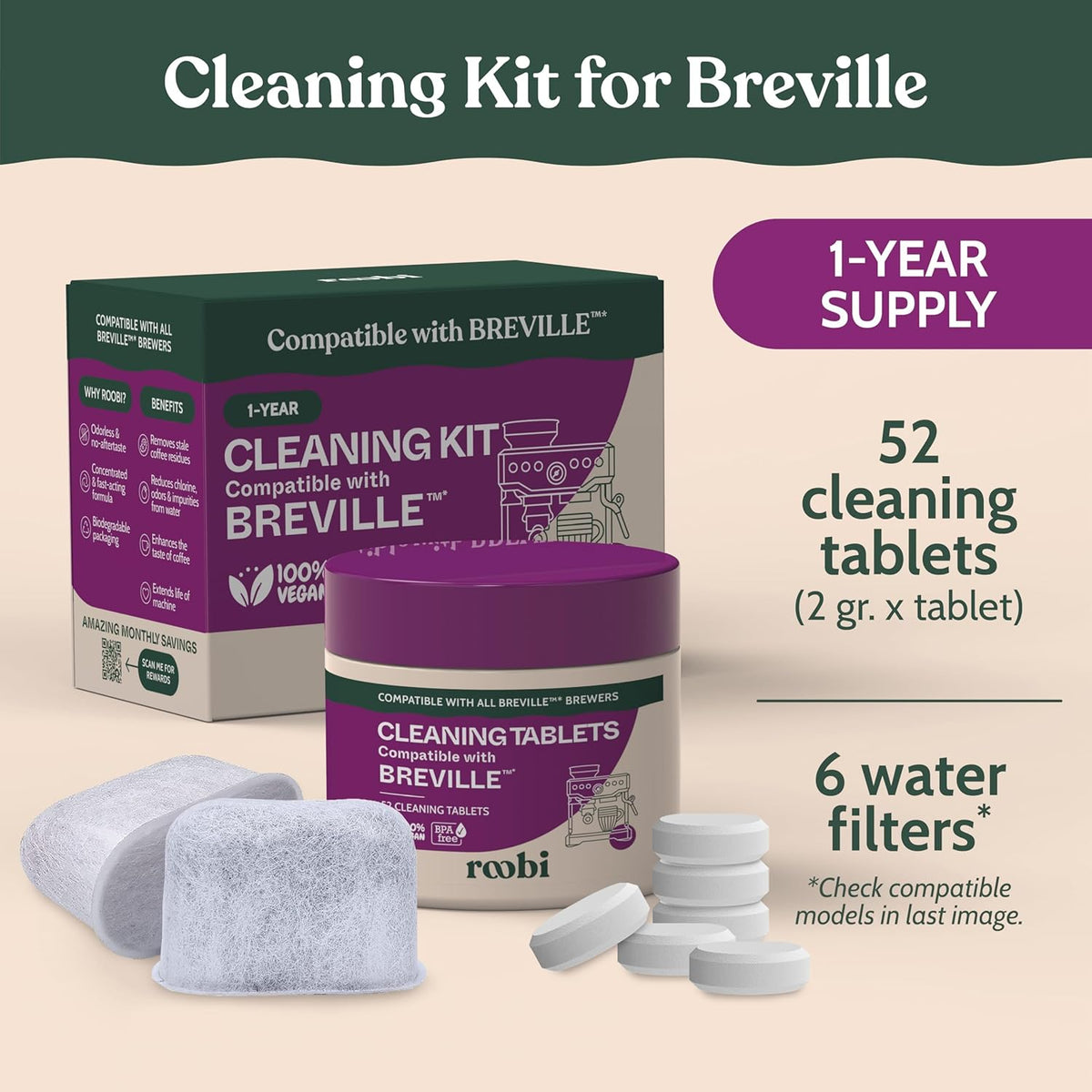 Breville Compatible Espresso Machine Cleaning & Maintenance Kit. Includes 52 Breville Cleaning Tablets and 6 Water Filters. Carbon Neutral. 1 Year Supply.