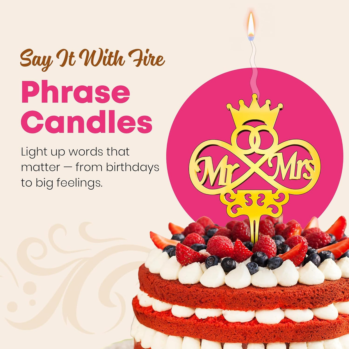 Mr and Mrs Reusable Gold Romantic Cake Candle - Luxury Cake Topper Candle for Birthdays, Weddings & Anniversaries - Reusable Food Safe Acrylic, Shiny Mirror Finish - Happy Birthday Cake Topper Decor