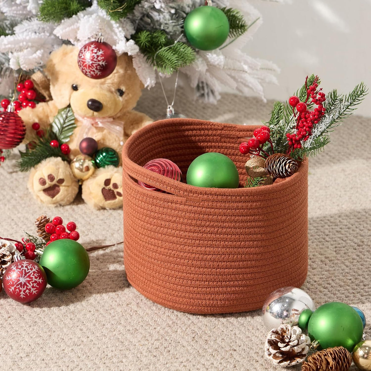 Small Basket for Organizing | Cube Shelf Closet Storage Baskets | 9.7×9.7×7.1” | Woven Rope Gift Basket | Nursery | Round 3 Packs Oxide Red
