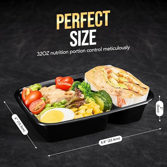 Glotoch 50 Pack 32 oz Meal Prep Containers Reusable, 2 Compartment Food Containers with Lids To Go Containers, Lunch-Microwave, Freezer, Dishwasher Safe