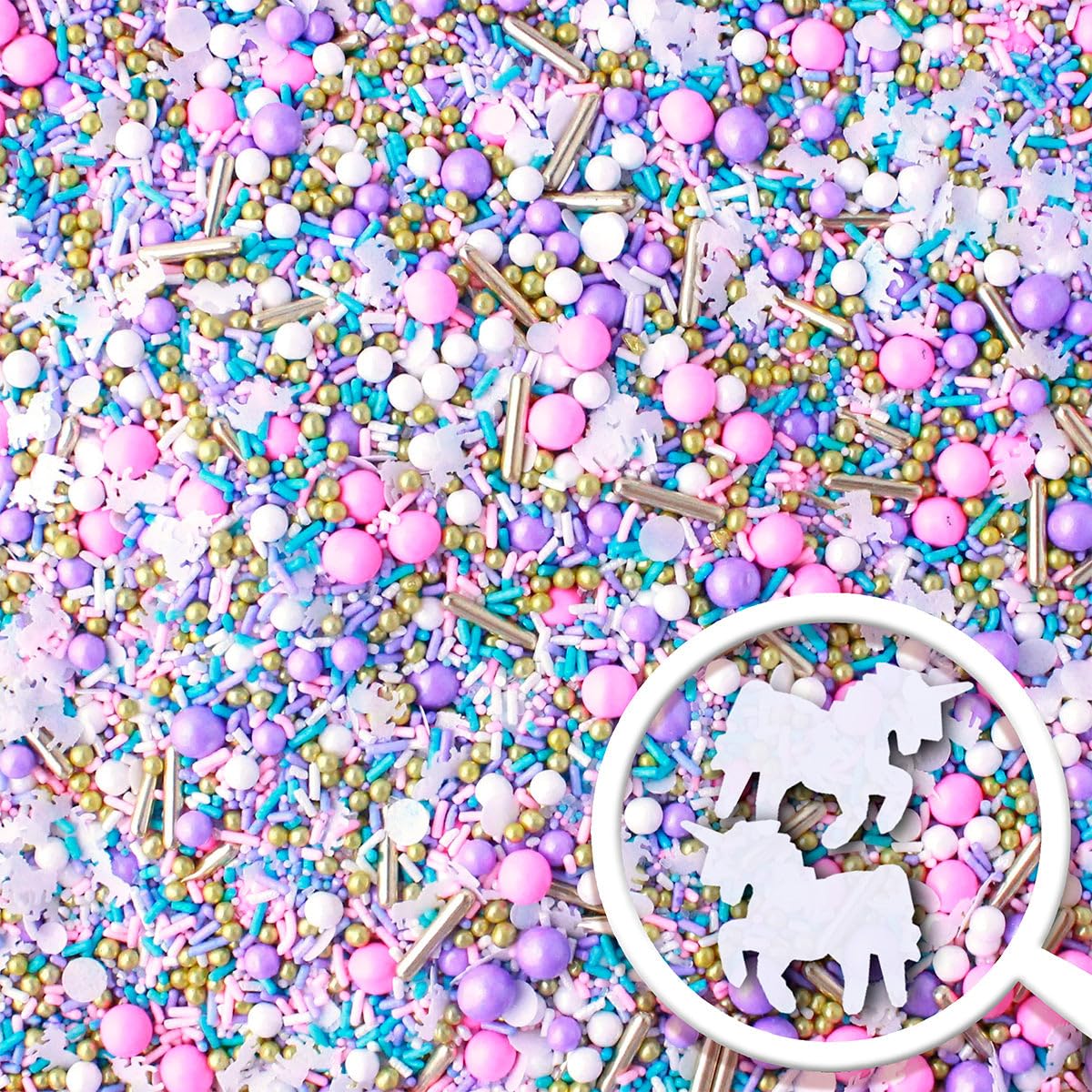Sprinkle Pop Unicorn Sprinkle Mix| Pastel Pink Purple Blue White Sprinkles with ~20 Unicorn Wafer Paper and Gold Dragees Made in USA for Decorating Princess Birthday Cakes Cupcakes Donuts Cookies, 4oz