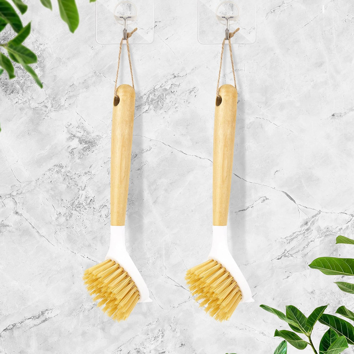 2 Pack Kitchen Scrub Brushes for Cleaning Dish Brush with Handle for Pans, Pots, Kitchen Sink Cleaning Scrub Brushes (Wooden Handle)