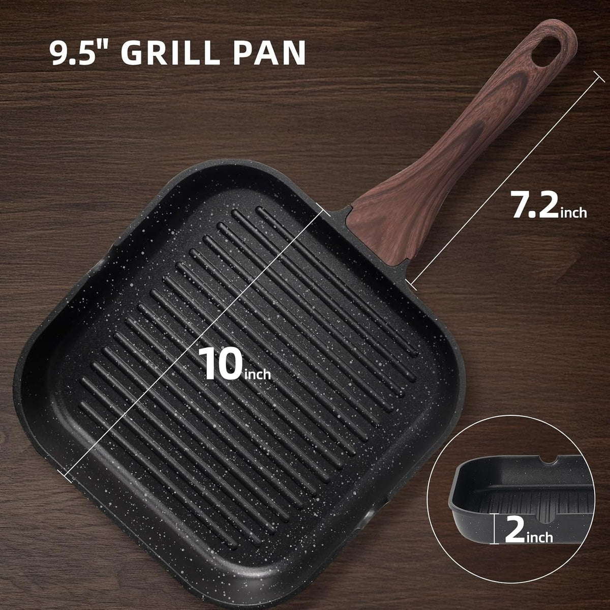 Kikcoin Nonstick Grill Pan for Indoor Cooking，9.5 Inch Versatile Griddle for Stove Tops Steak Pan with Pour Spouts