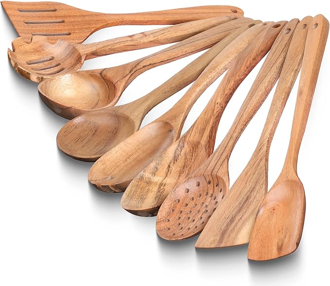 INTAJ Premium Teak Wooden Spoons for Cooking – 9-Piece Kitchen Utensils Set, Durable & Nonstick Safe, Eco-Friendly,Ergonomic Stir, Mix, Scrape & Serve – Ideal for Nonstick,Cast Iron & Ceramic Cookware