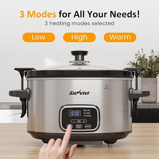 Sunvivi 4QT Programmable Slow Cooker with Locking Lid, Removable Ceramic Pot, 3 Heating Settings & Timer, Dishwasher-Safe, Stainless Steel