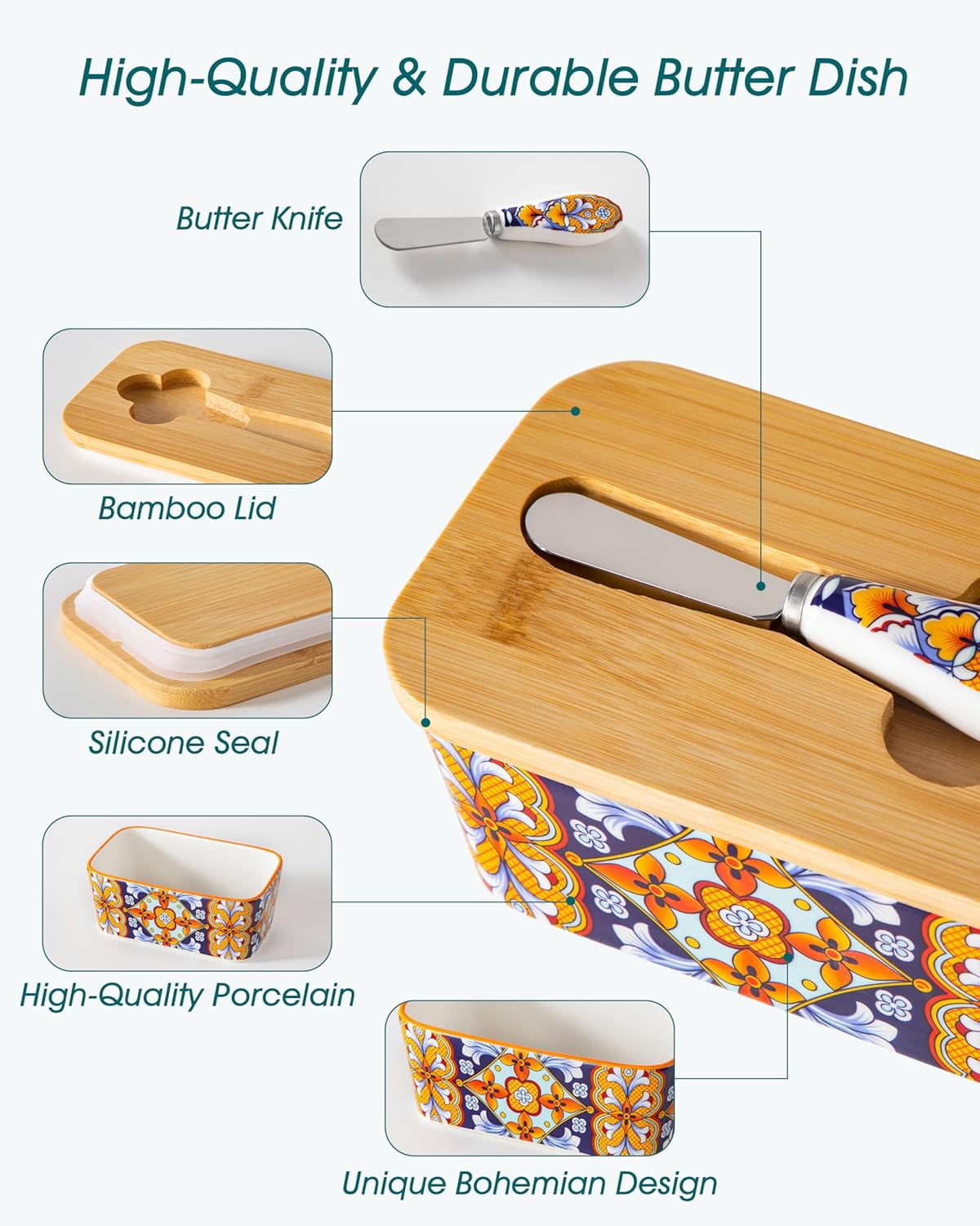 vancasso SIMI Butter Dish with Lid, 6.5" Large Butter Dish for Countertop, Bohemian Ceramic Butter Keeper Container with Knife and Bamboo Lid, Butter Holder for Counter, Amber Elegance