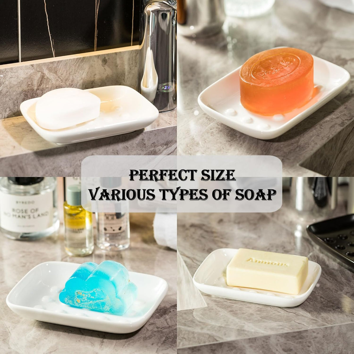 Soap Dish, Ceramic Soap Holder Shower Soap Dish for Bar Soap Sponge, Soap Saver Tray for Bathroom Kitchen Sink, White