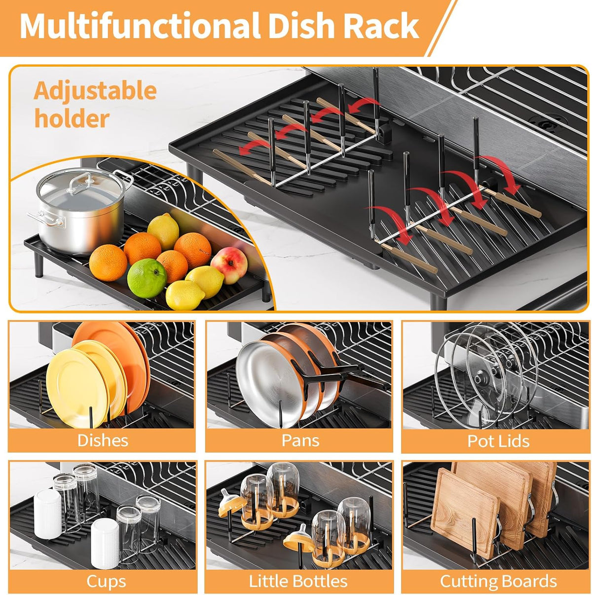 Dish Rack for Kitchen Counter, 304 Stainless Steel Dish Drying Rack, Expandable Dish Drainer, Foldable Dish Strainer with Cutlery Holder, Kitchen Plate Rack (Black, Large Size)