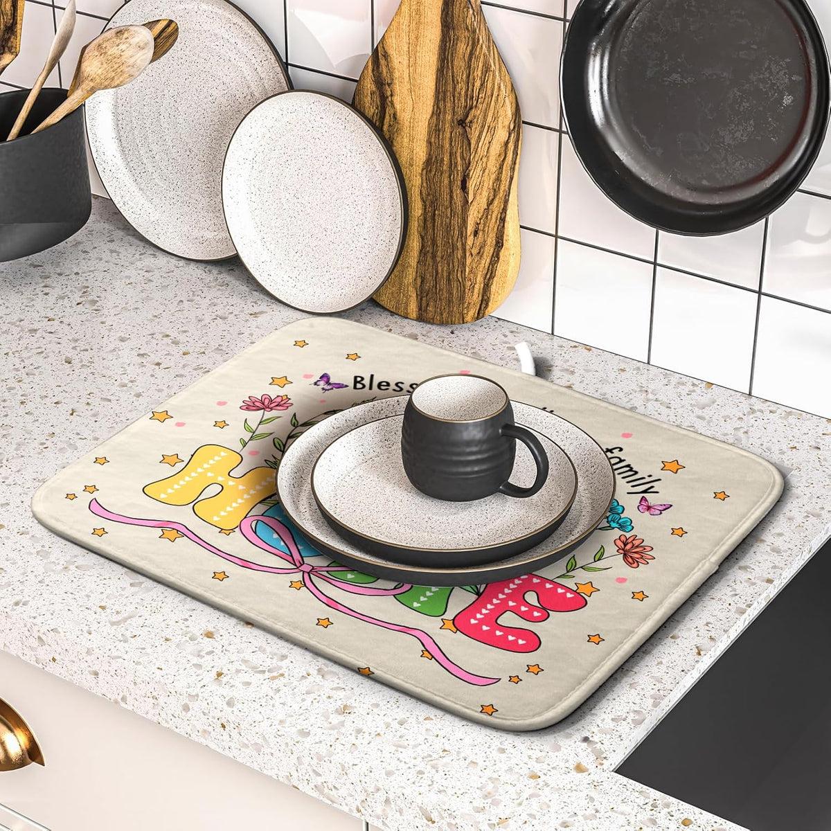 Lovely Home Dish Drying Mat for Kitchen Counter Sweet Family Decoration Absorbent Microfiber Coffee Mat 16 x 18 In