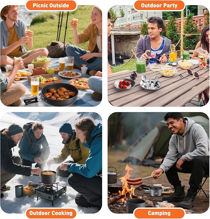 27pcs Camping Cookware Mess Kit for 2-4 People, Portable Cookware Set with Kettle, Pots & Pans, Stainless Steel Utensils, Plates, Dishware for Backpacking, Picnic, Outdoor Adventures