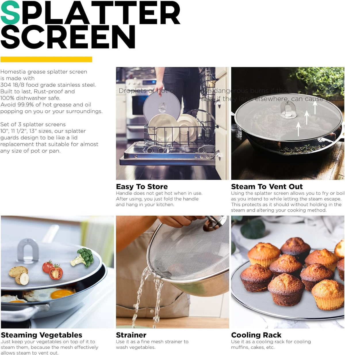 Homestia Kitchen Splatter Screen for Cooking - 10'' 11.5'' 13'' Stainless Steel Grease Splatter Guard for Frying Pan, Ultra Fine Mesh Lids with Fold Flat Knob Set for Prevent Oil Splatter (3 Pack)
