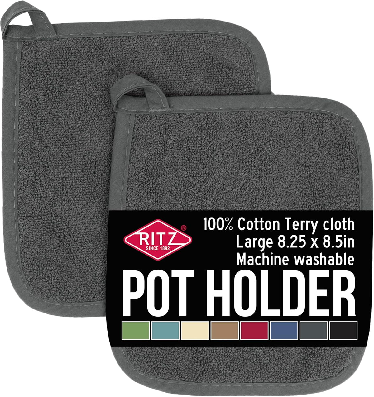 RITZ Terry Potholder & Hot Pad: Unparalleled Heat Resistant, Durable 100% Cotton – Ergonomically Designed for Optimal Grip – Easy-Care Machine Washable – 2-Pack, Graphite