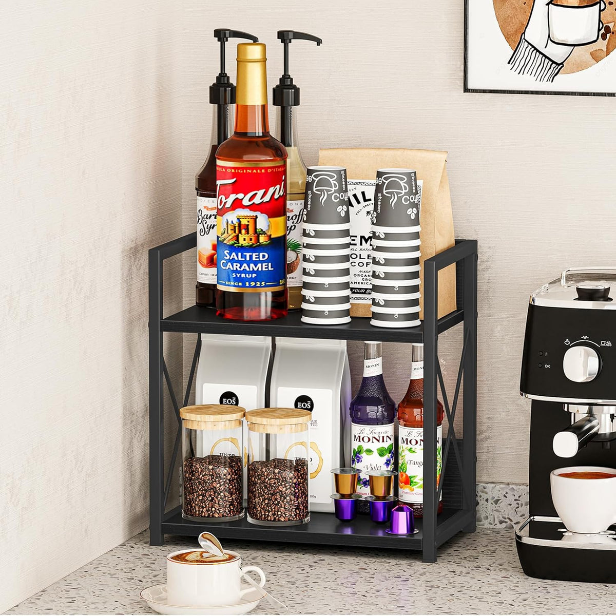 Giikin Countertop Organizer, 2 Tier Coffee Station Organizer for Desktop, Wood Counter Shelf Spice Rack for Kitchen (Black, M)