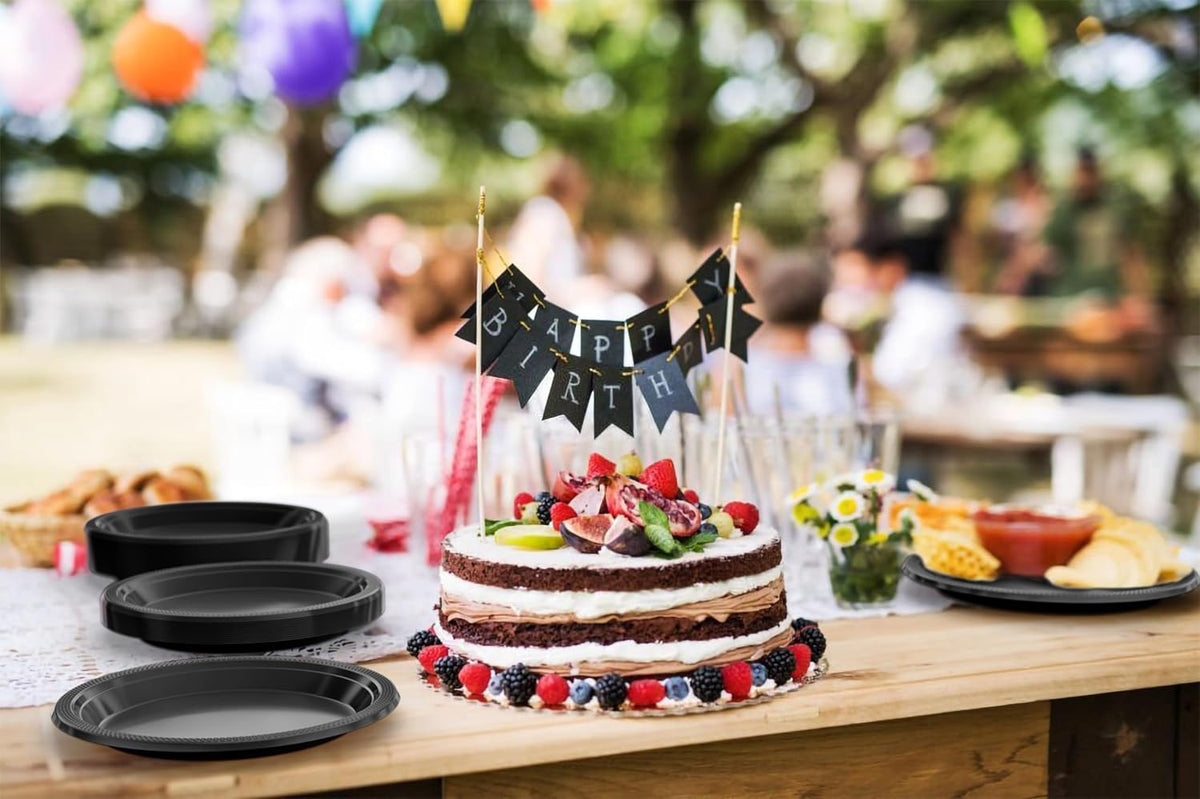 Exquisite Party Solids Black Plastic Plates For Party 10" Black Disposable Plates Heavy Duty Supplies 100 Pcs Plastic Dinnerware Sets Heavy Duty 350 GSM Disposable Dinnerware Set