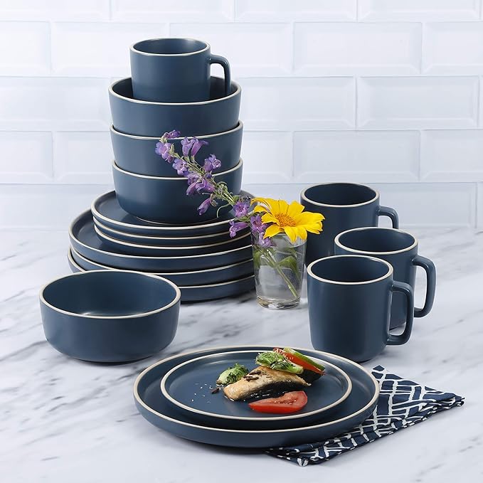 Gibson Home Zuma 16 Piece Round Kitchen Dinnerware Set, Dishes, Plates, Bowls, Mugs, Service for 4, Matte Stoneware, Cobalt Blue (127342.16R)