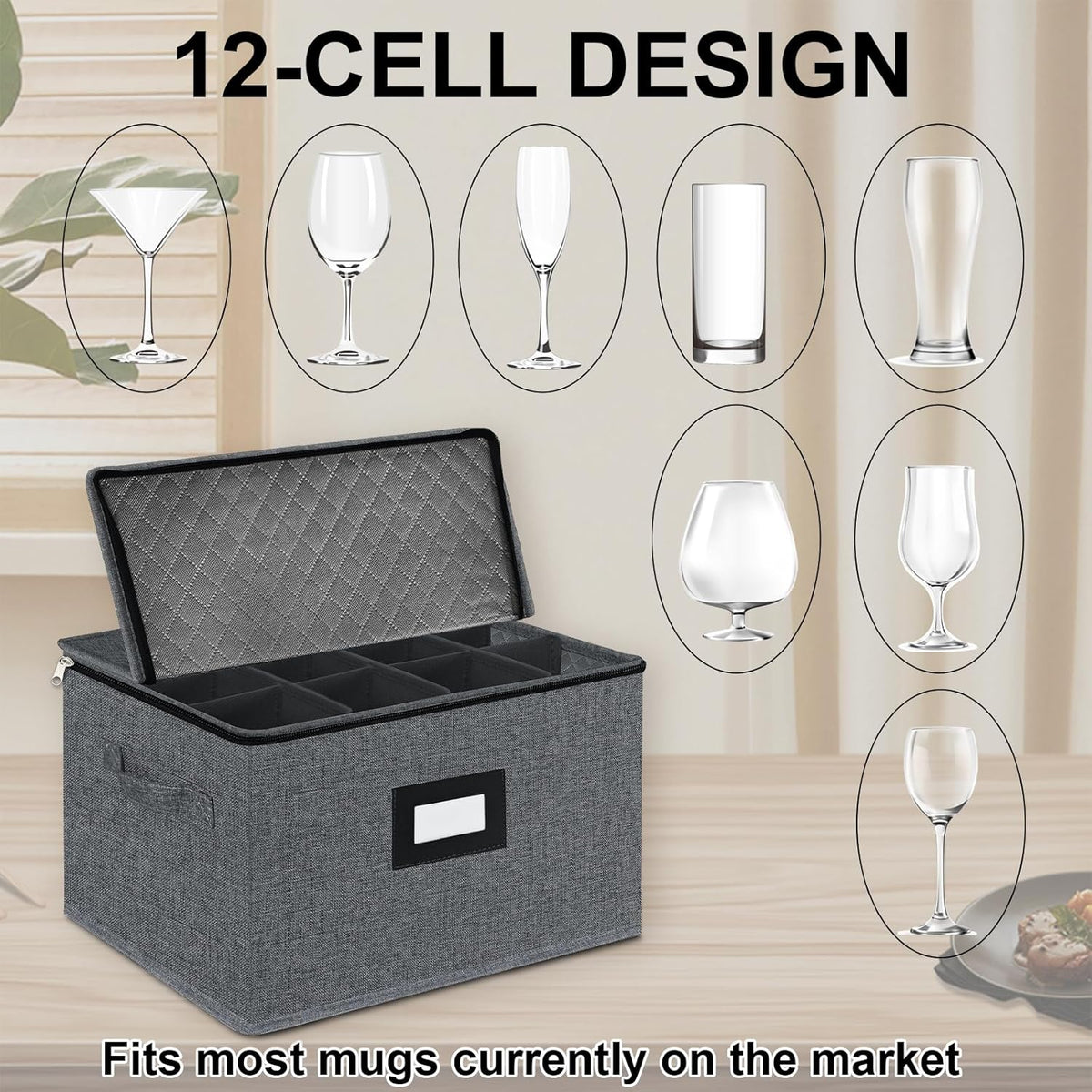 VERONLY Wine Glass Storage Box with Dividers for 12, Hard Shell Stemware Storage Container - Stackable Glassware Case with Handles and Label -Moving Storage for Crystal -Dark Gray