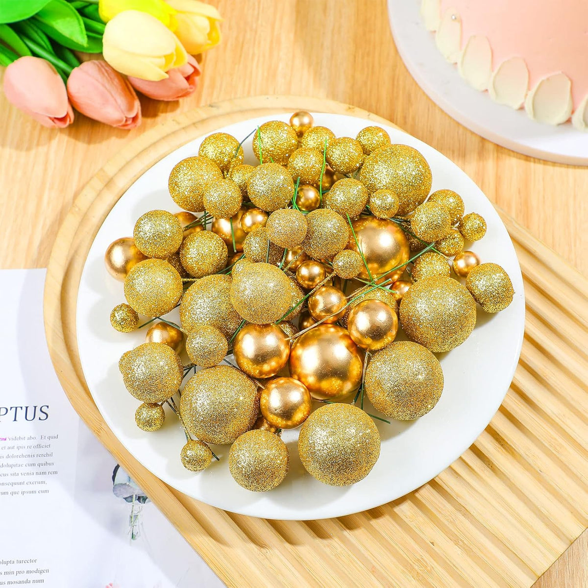 108 Pcs Balls Cake Topper DIY Cupcake Insert Foam Balloons for Cake Baking Wedding Anniversary Birthday Decoration(Glitter Gold, Gold,Multi Sizes)