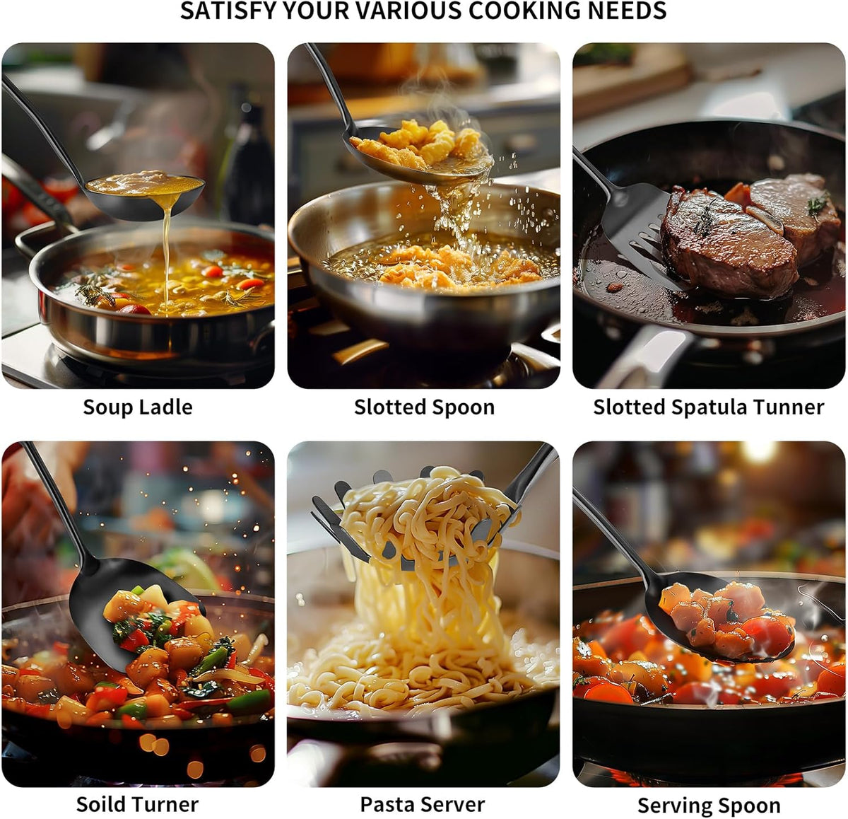 304 Stainless Steel Cooking Utensils,6 Pcs Kitchen Cooking Utensils Set with Spatula, Solid Spoon, Ladle, Skimmer, Spaghetti Spoon,Dishwasher Safe(Black)