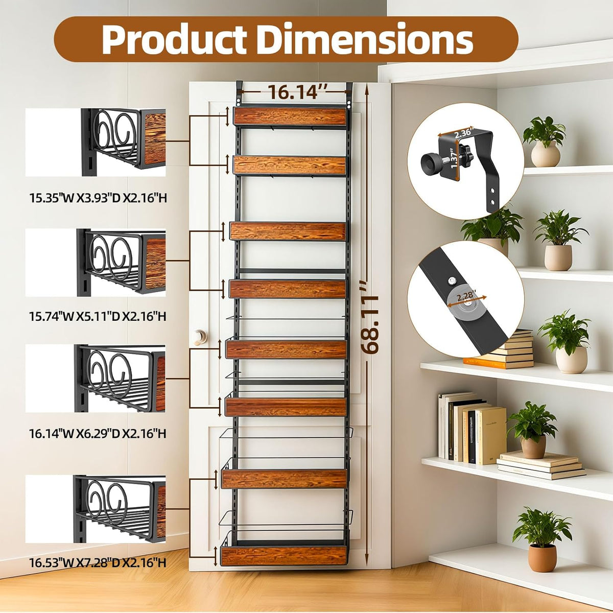 Over the Door Pantry Organizer, 8-Tier Metal Hanging Spice Rack with Adjustable Basket for Kitchen Storage