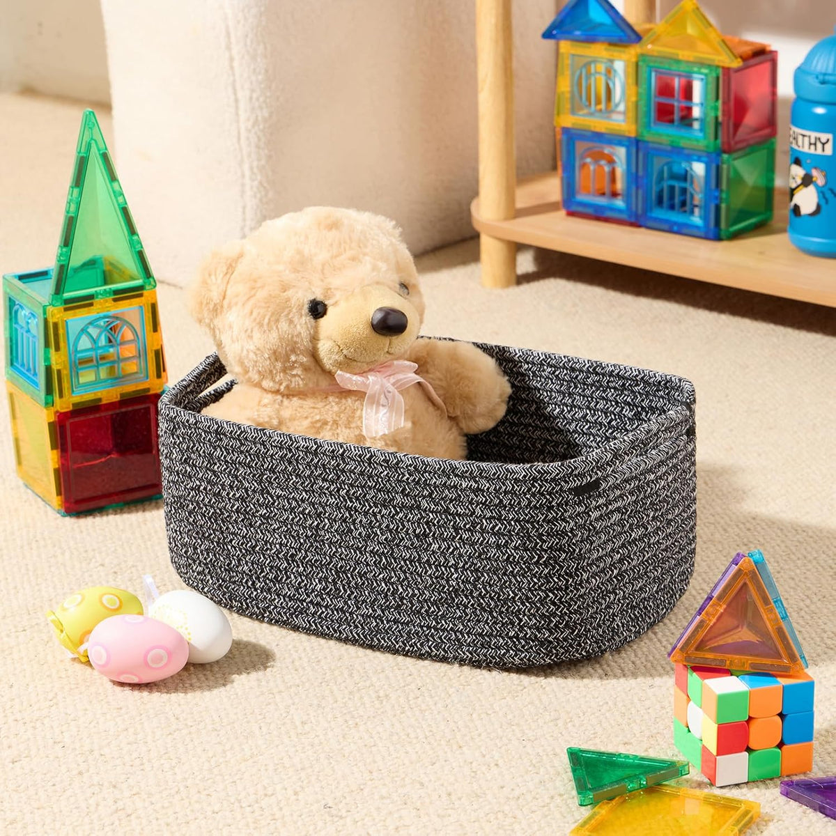Small Storage Baskets for Organizing | Closet Organizer Bins | Shelf Toy Basket | Woven Rope Baskets | Cube Decorative Box | Shallow Basket | 13x8.5x5.1” | 4 Packs Dark Gray