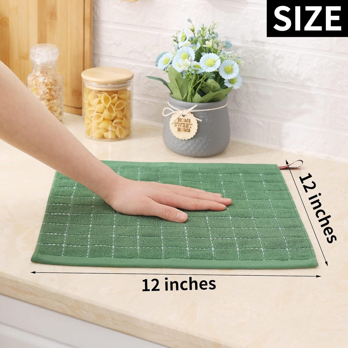 Homaxy 100% Cotton Terry Kitchen Dish Cloths, Ultra Soft and Absorbent Dish Towels for Kitchen, Suitable for Drying and Washing Dishes, 12 Pack, 12 x 12 Inches, Grass Green