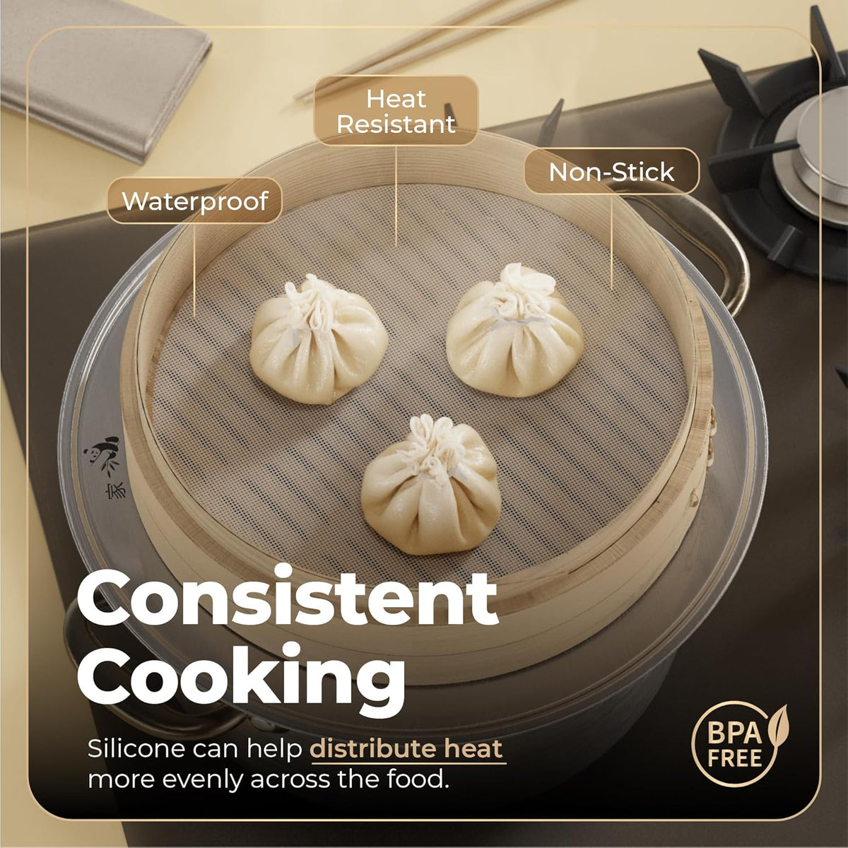 Prime Home Direct Bamboo Steamer Silicone Liners 10-Inch | 6 Count | BPA Free | Reusable & Non Stick for Air Fryer, Dumpling Food Steam Pot & Dim Sum Steaming | Round Mesh Parchment Baking Sheet Paper