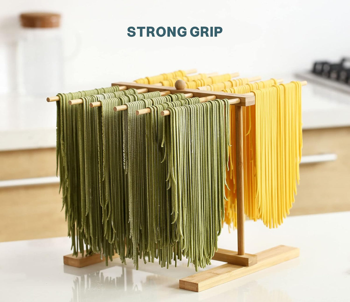 Bamboo Pasta Drying Rack with Transfer Wand and 12 Bars, Easy to Transfer for Drying Pasta and Cooking, Special Suspension Design for Large Storage